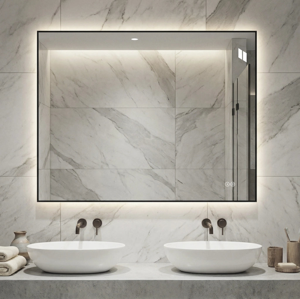 Specchio bagno LED 70x90 cm vetro e alluminio argento antinebbia retroilluminato