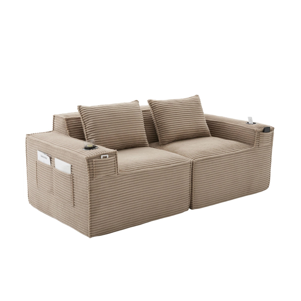 Divano modulare 2 posti - con portabicchieri e tasche laterali - in tessuto a coste - khaki