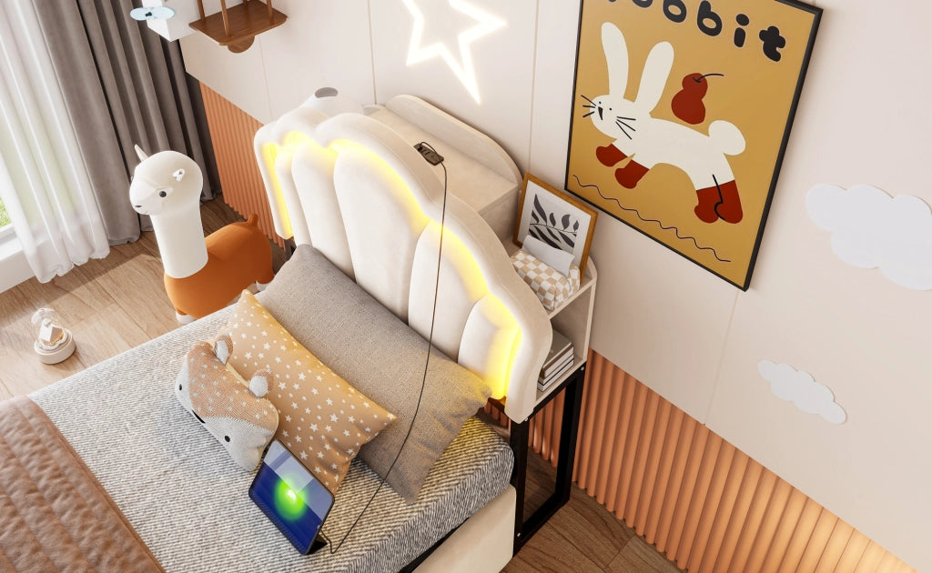 Letto imbottito beige 90x200 cm con contenitore idraulico, illuminazione LED e prese integrate