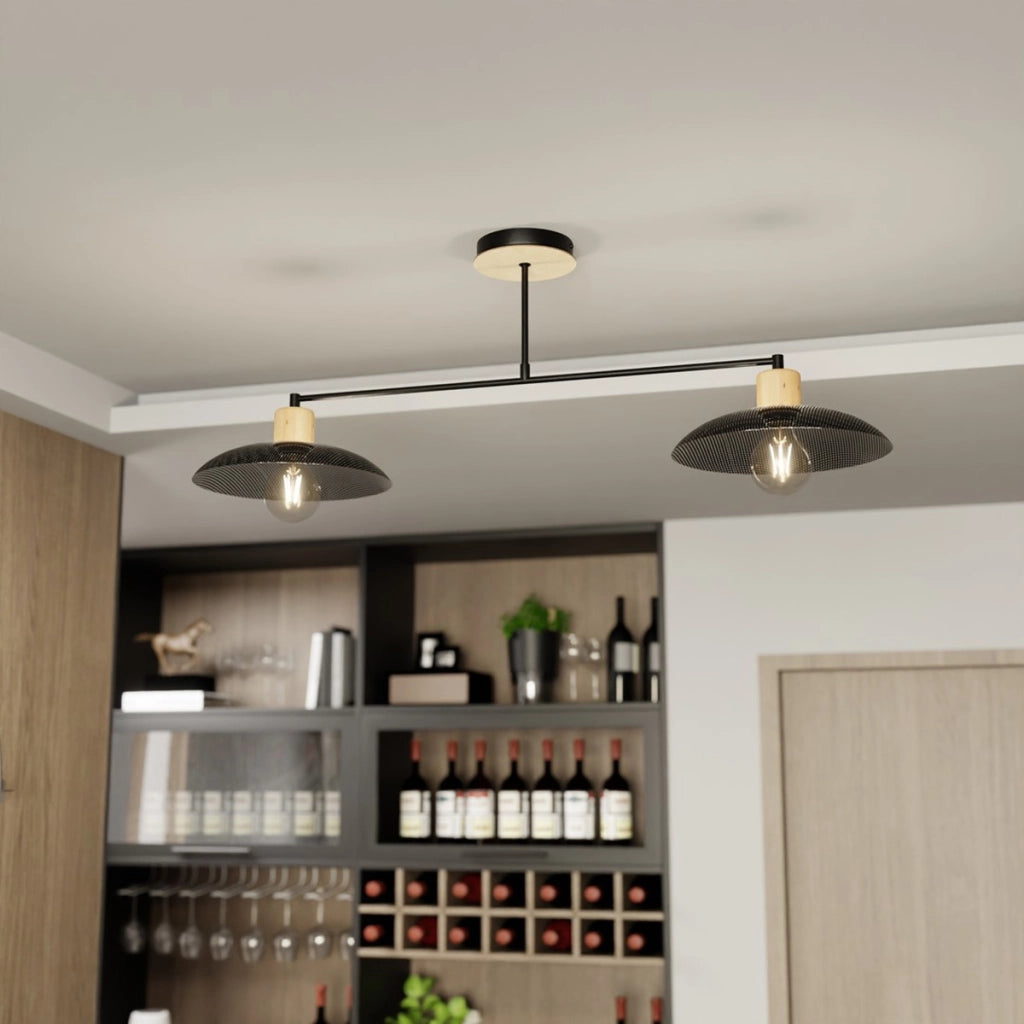 Lampada a sospensione KOBE in acciaio nero e legno naturale