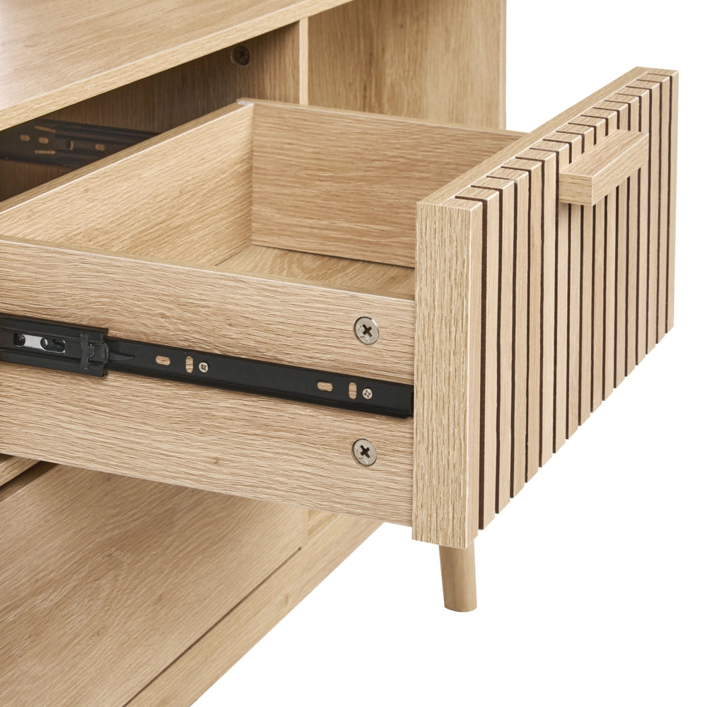 Libreria in legno chiaro MDF gambe in legno di pino 100x35x140 cm 2 cassetti 2 armadi 3 ripiani Scandinavo