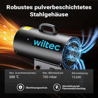 Generatore di calore a gas GPL, 15 kW 30 W 320m³/ora, cannone aria calda con avviamento piezoelettrico, incluso riduttore di pressione del gas per la Spagna 700 mbar con tubo da 1,5 m