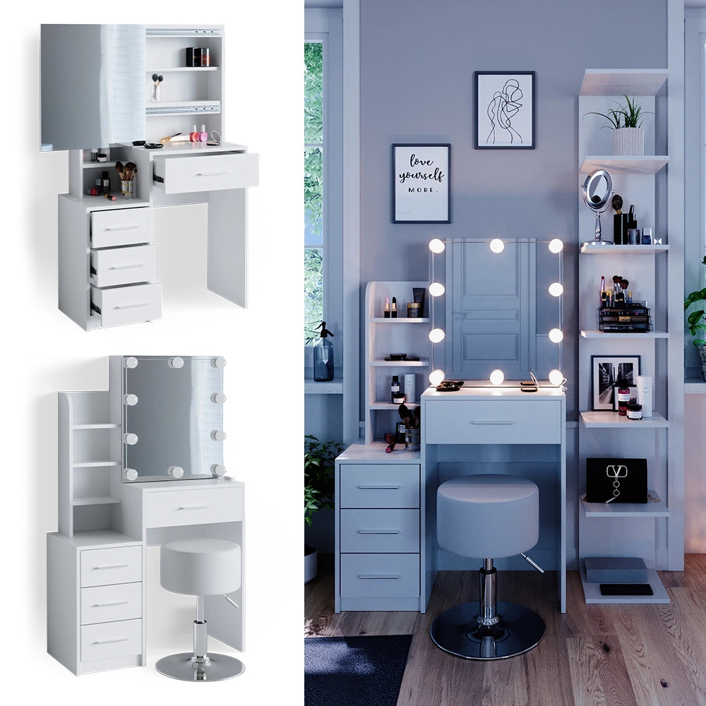 Tavolo da toeletta Conrada Bianco 80 cm con illuminazione LED e sgabello Vicco