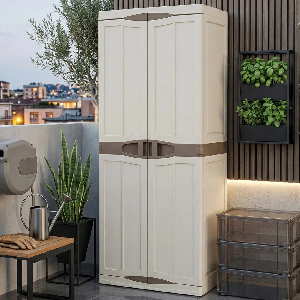 Mobile da Giardino Adenina, Armadio da Esterno 4 Ripiani Made in Italy, 70x47x179h cm Beige