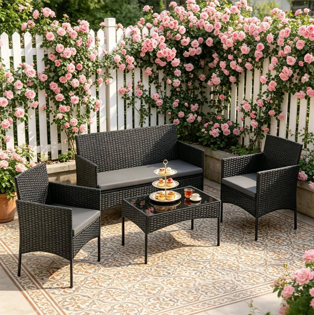 Set da giardino 4 pezzi in rattan nero con tavolino in vetro