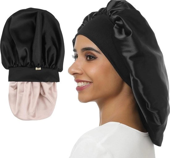 Sacco per capelli in seta - 16 momme - copertura capelli ampia - seta a doppia faccia satinata - seta nera - capelli lunghi e ricci - donna