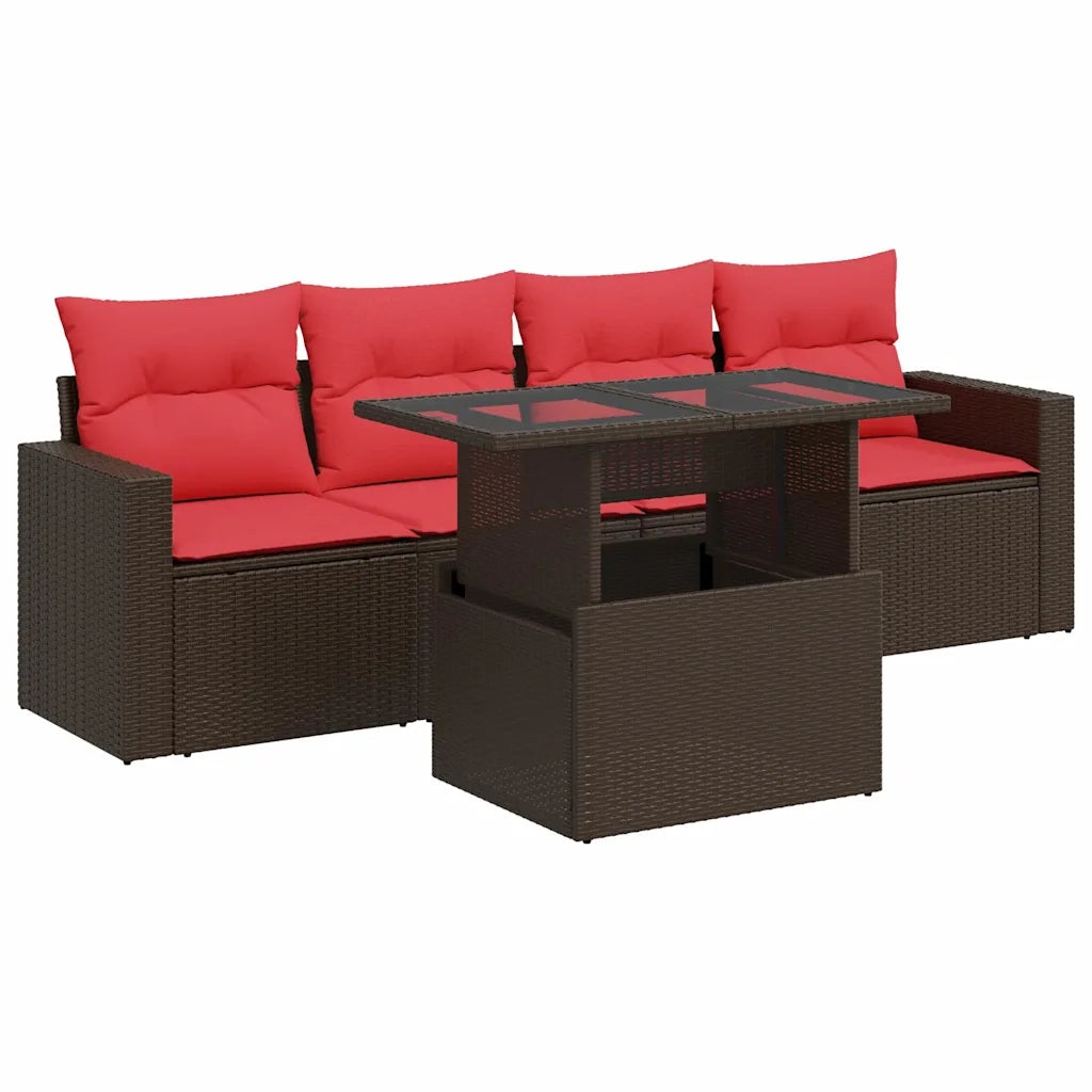 Set Divano da Giardino 5 pz Cuscini Marrone Polyrattan e Acacia 3326245