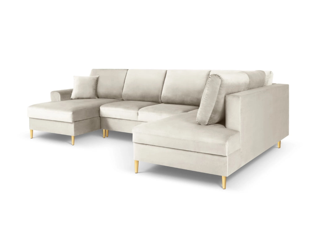 Cosmopolitan Design - Divano panoramico convertibile destro con contenitore "Kyoto" 7 posti in velluto beige chiaro 