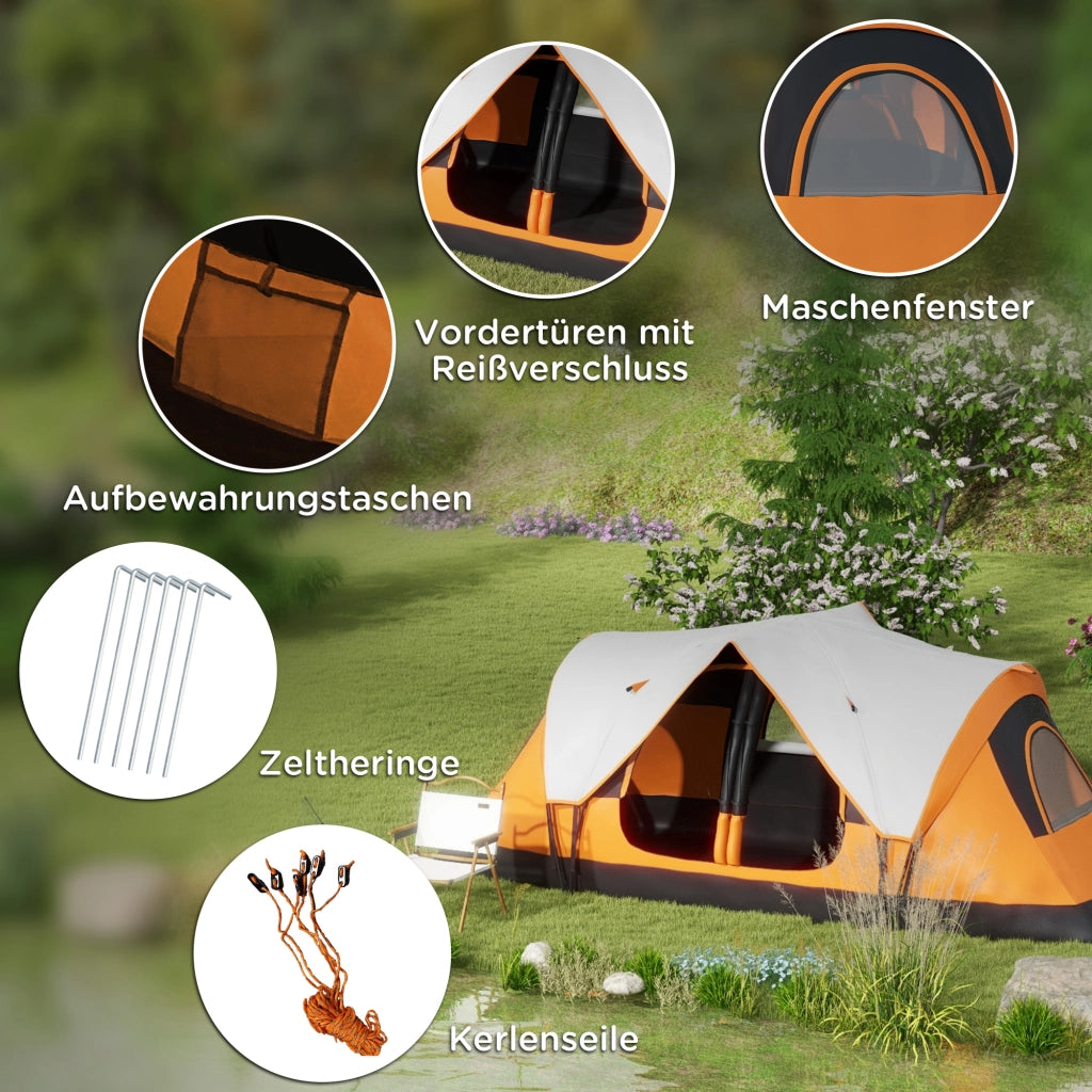 Tenda da campeggio; tenda a tunnel per 8 persone; con gancio per luce; finestra a rete; 2 stanze; tenda familiare ultravento con borsa da trasporto; tenda gruppo idropellente da 2000mm per il campeggio; giardino; arancione