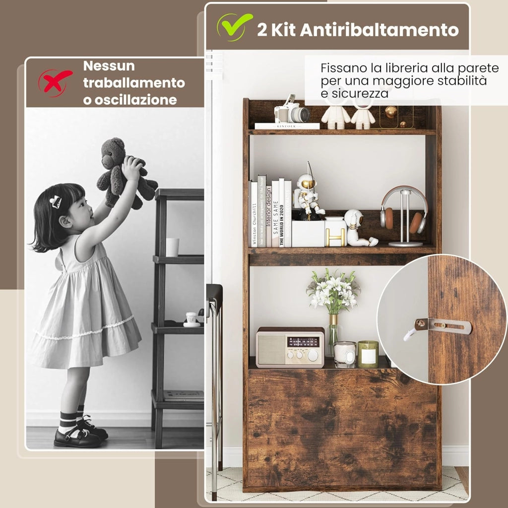 Libreria Aperta a 3 Ripiani, Scaffale Salvaspazio in Legno con Cassetto, Scaffale Portaoggetti Espositivo per Camera da Letto, Soggiorno, Cucina e Ingresso, 55 x 29 x 105 cm (Marrone)