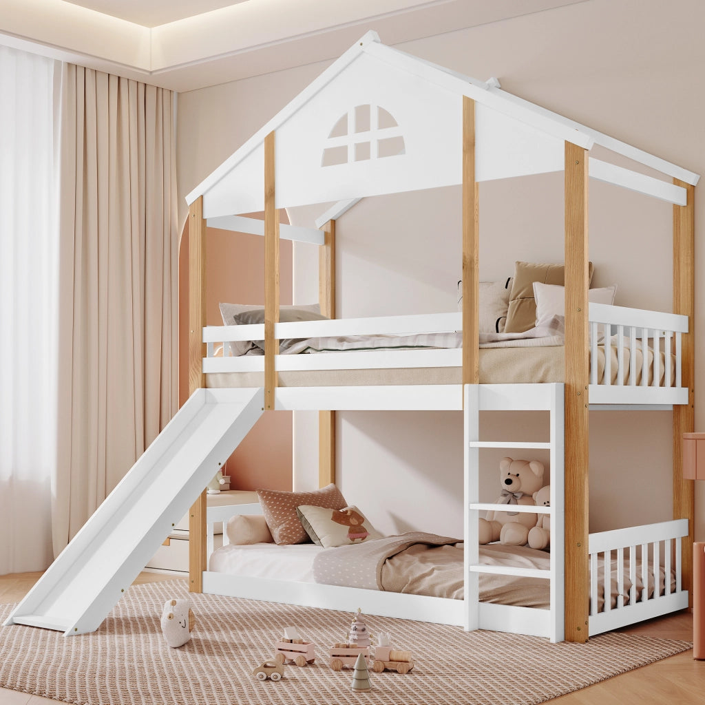 OKWISH Letto a Castello 90×200 cm, Letto Singolo con Scivolo, Scala 3 Gradini e Finestra, senza Materasso, in Legno, Bianco e Naturale