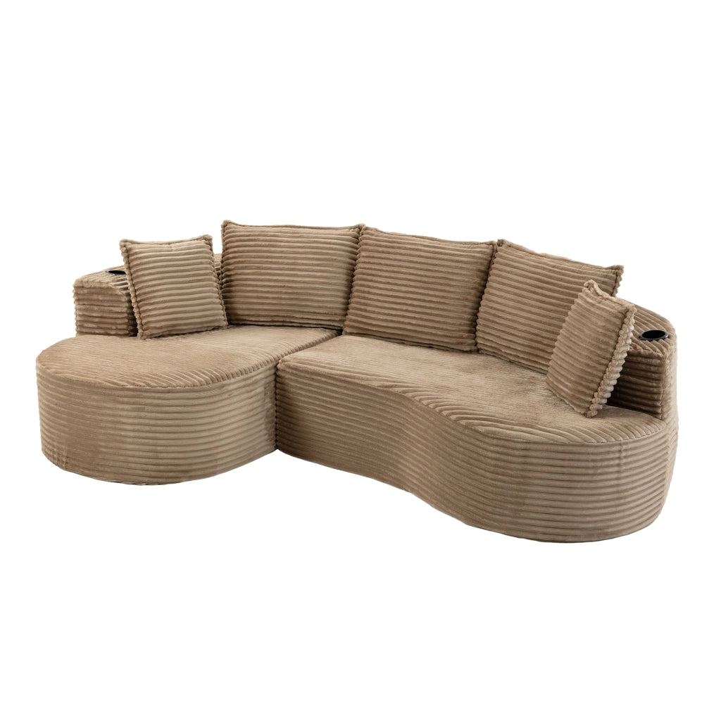 Divano diritto ad arco con portabicchieri e tasca laterale in velluto; khaki; 250 Ã— 152 Ã— 82 cm