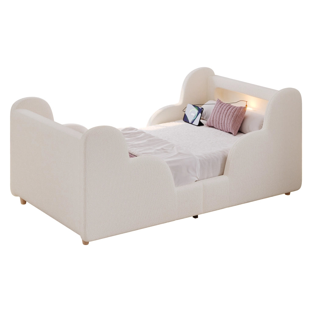 Letto per bambini 90x200 cm in bouclé beige con sponde imbottite, luce notturna, USB e rete inclusa