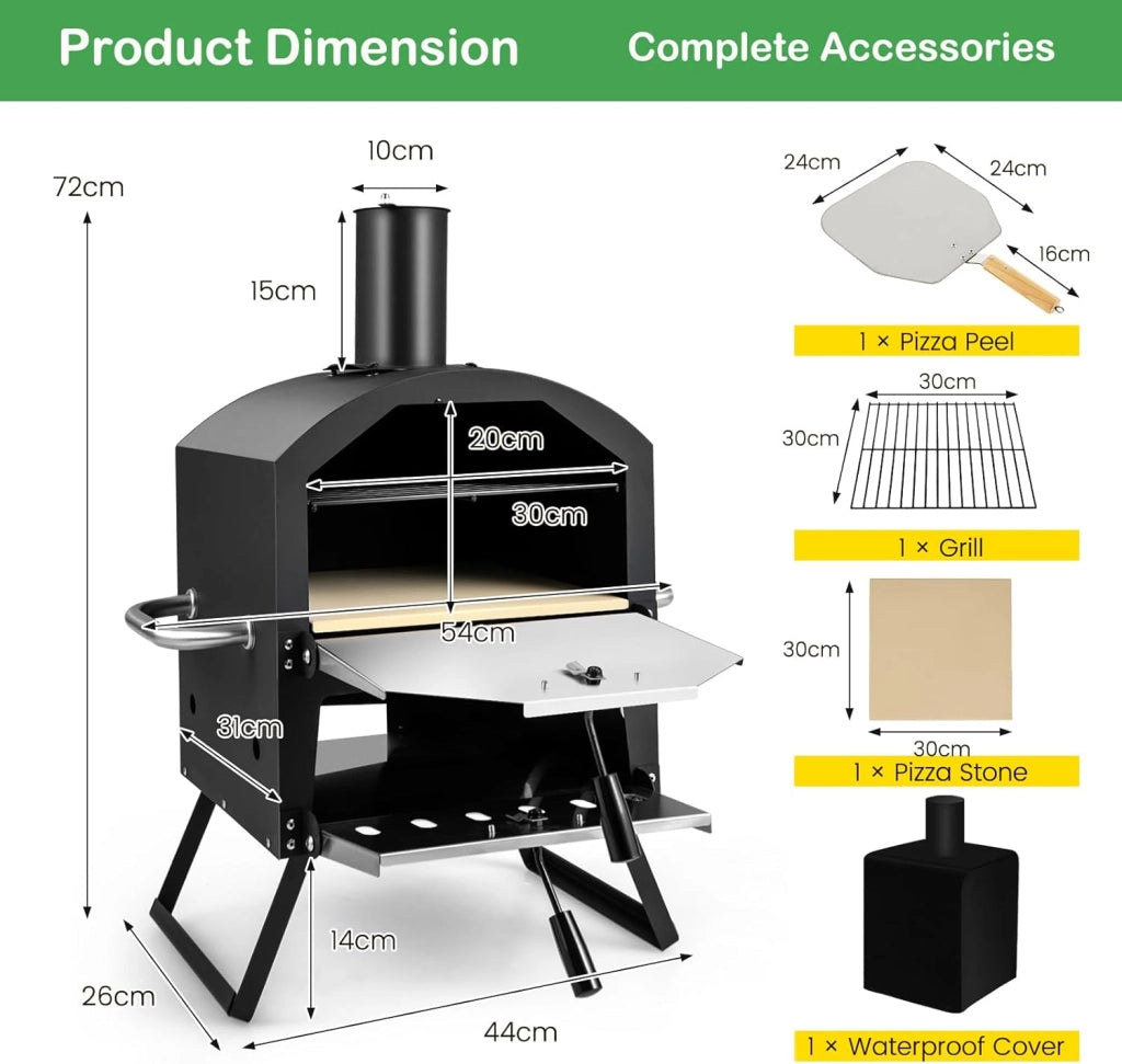Forno per pizza aperto per esterni, 2 sezioni, 600°C, Forno in Legno portatile in Acciaio inossidabile, Mini Forno con Pizza, Spatola per Pizza, Griglia Coperchio impermeabile