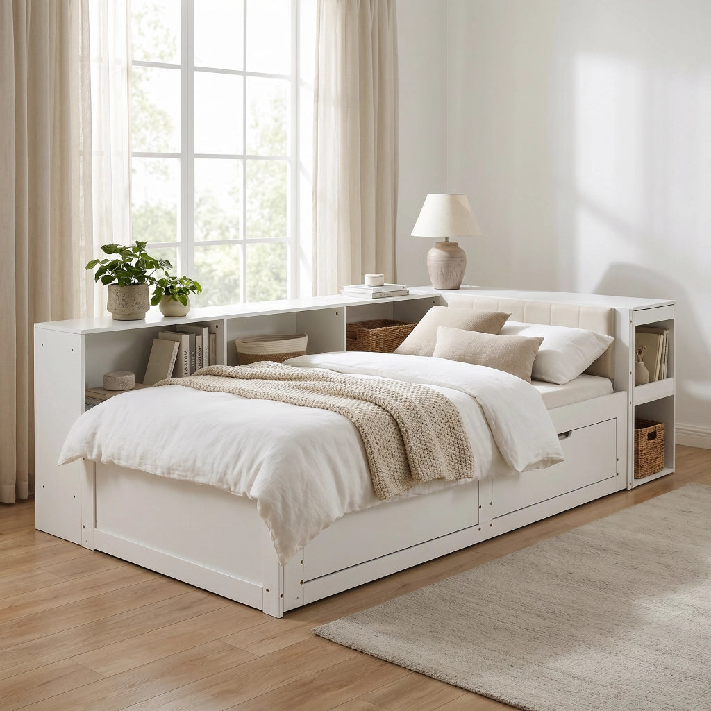 Letto Combinato 90x200 cm con Scrivania; 2 Cassetti; Presa UE e Mensole