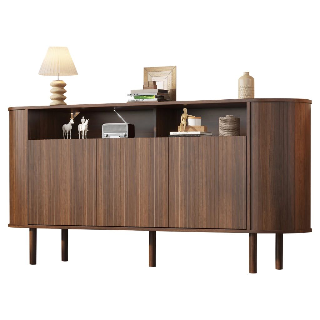 Credenza sideboard 160x40x78,5 cm in color noce con 3 ante ondulate e 2 vani a giorno