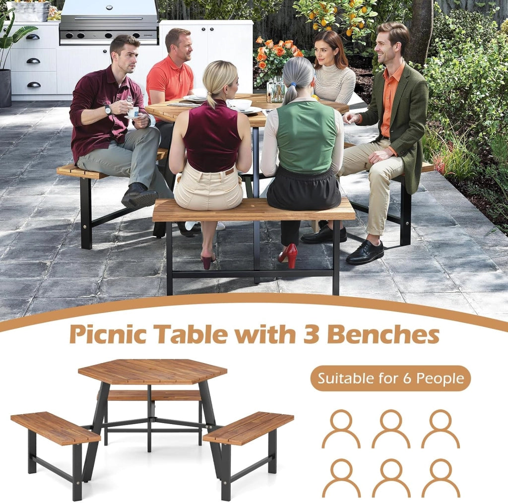 Set di mobili per 6 persone, set da picnic in legno di acacia con foro per ombrellone, set da tavolo e 3 panche per giardino, terrazza, 191 x 165 x 70 cm