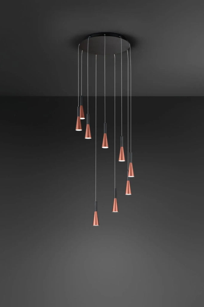 Sospensione in alluminio colore nero  9 luci Cone LED 63W 3000K CRI?80 220-240V 50/60Hz 3600Lm