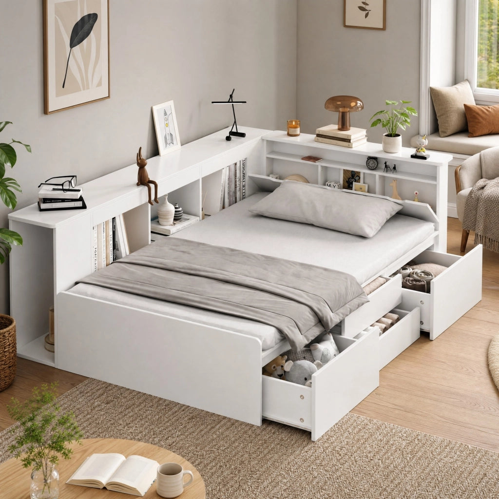 LETTO per bambini 90x200 cm in MDF bianco con cassetti e spazi contenitore
