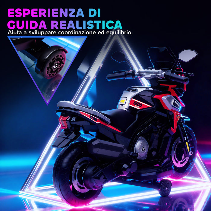 Moto Elettrica per Bambini 12V con Rotelle Specchietti e Poggiapiedi in PP e Metallo Rosso