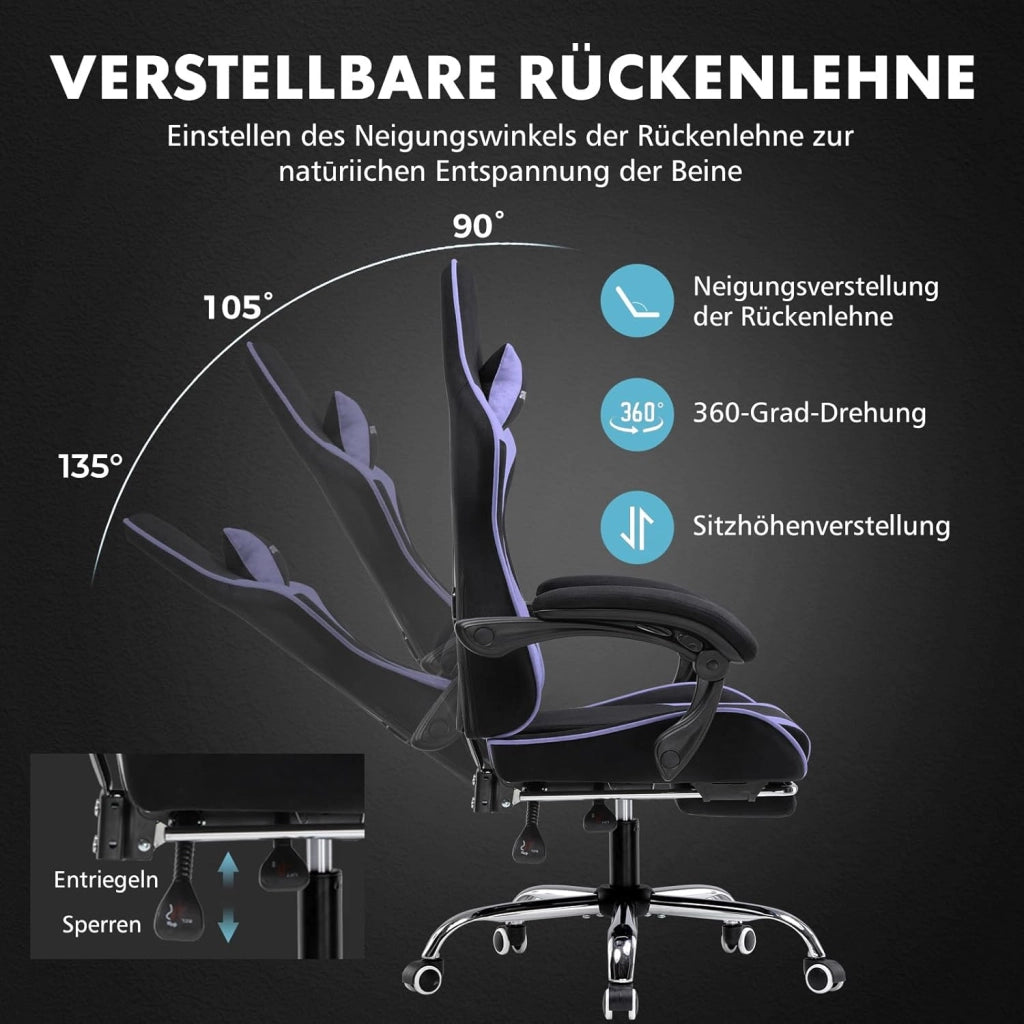 Sedia da gioco, sedia da ufficio, sedia ergonomica, sedia da gioco, con supporto per massaggi, sedie task con poggiapiedi e poggiatesta, tessuto viola