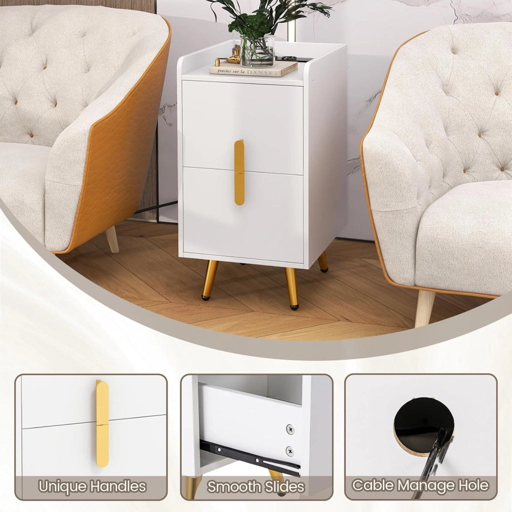 Comodino con stazione di ricarica, comodino con 2 porte USB e 3 uscite, tavolino laterale con 2 cassetti, tavolo per camera da letto, soggiorno, 32 x 40 x 60 cm (bianco)