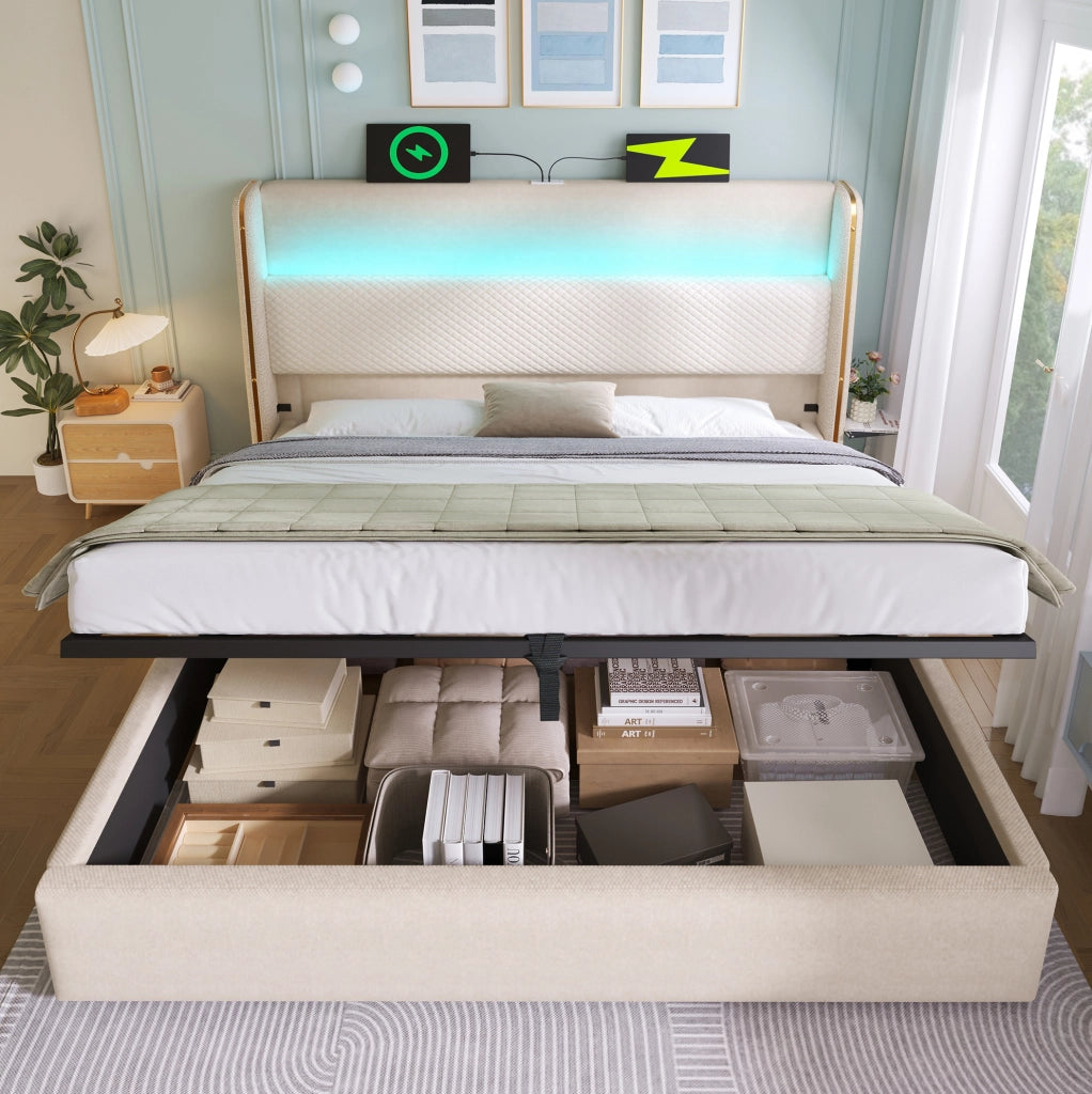 Letto matrimoniale 140x200 cm con testiera alta; LED; contenitore; USB e Tipo C; beige; con materasso