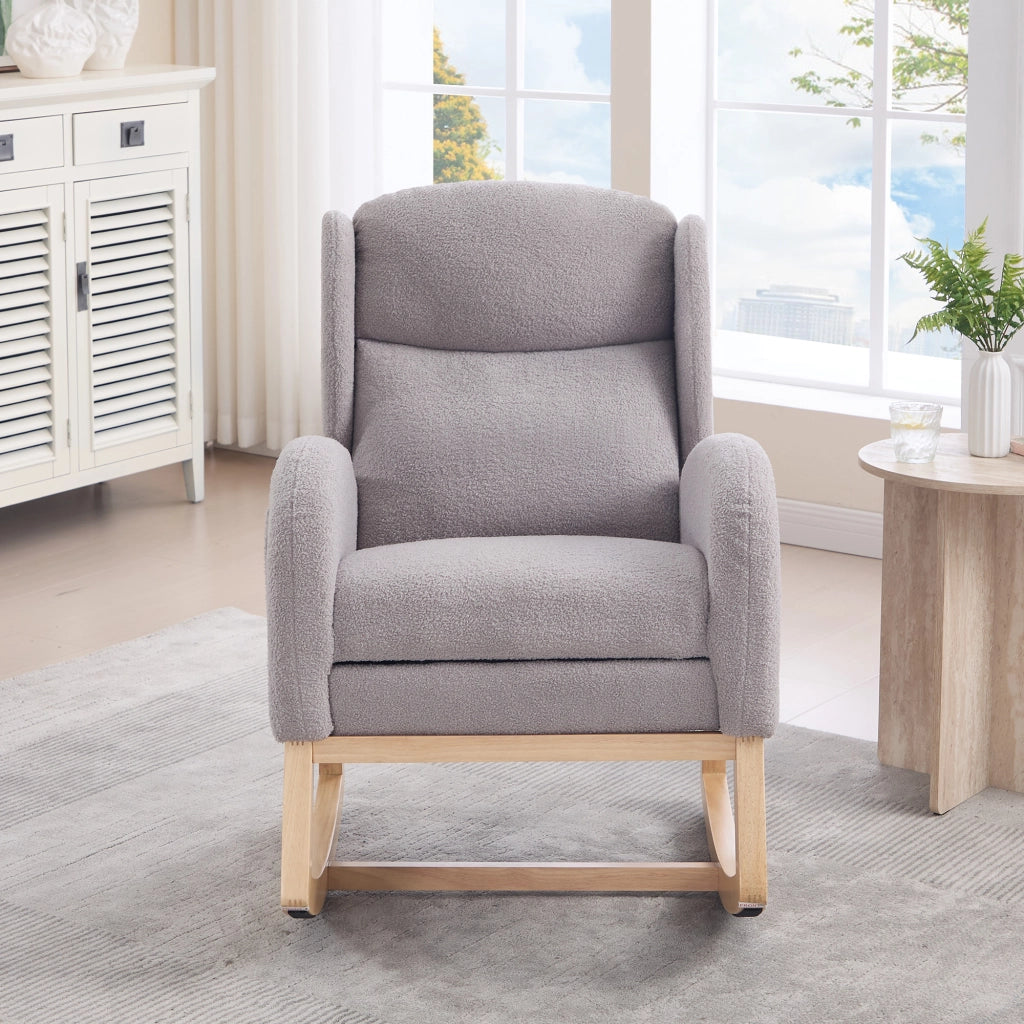 Poltrona a Dondolo con Poggiapiedi ¨C MINIMAL ¨C Tessuto Teddy, Schienale Alto, Grigio