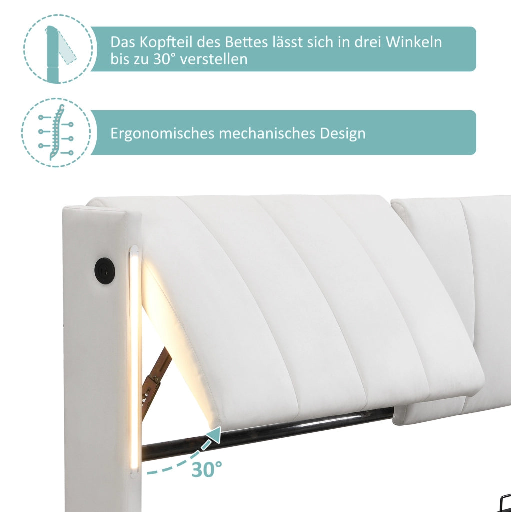Letto imbottito 140x200 cm con LED, USB-C e vano contenitore