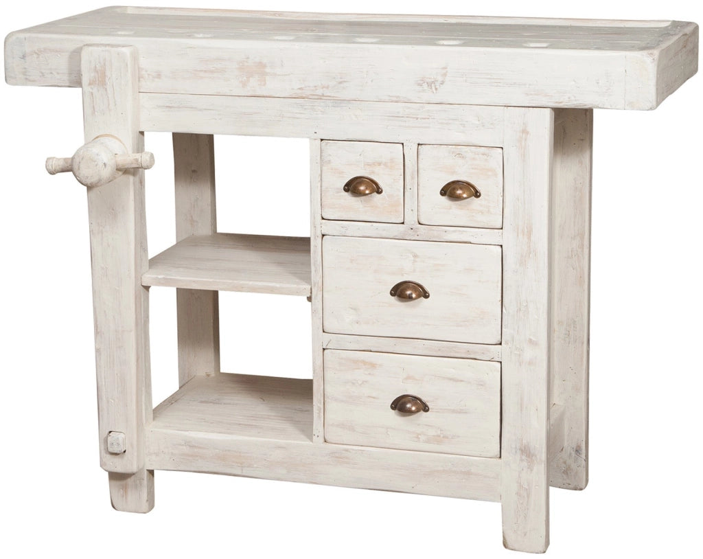 Biscottini Banco da lavoro Country in legno massello di tiglio finitura bianca anticata L116xPR63xH90 cm. Made in Italy