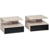 Set di 2 Comodini Sospesi Moderni con Cassetto e Mensola Superiore, 35x32x22.5cm, Rovere e Nero