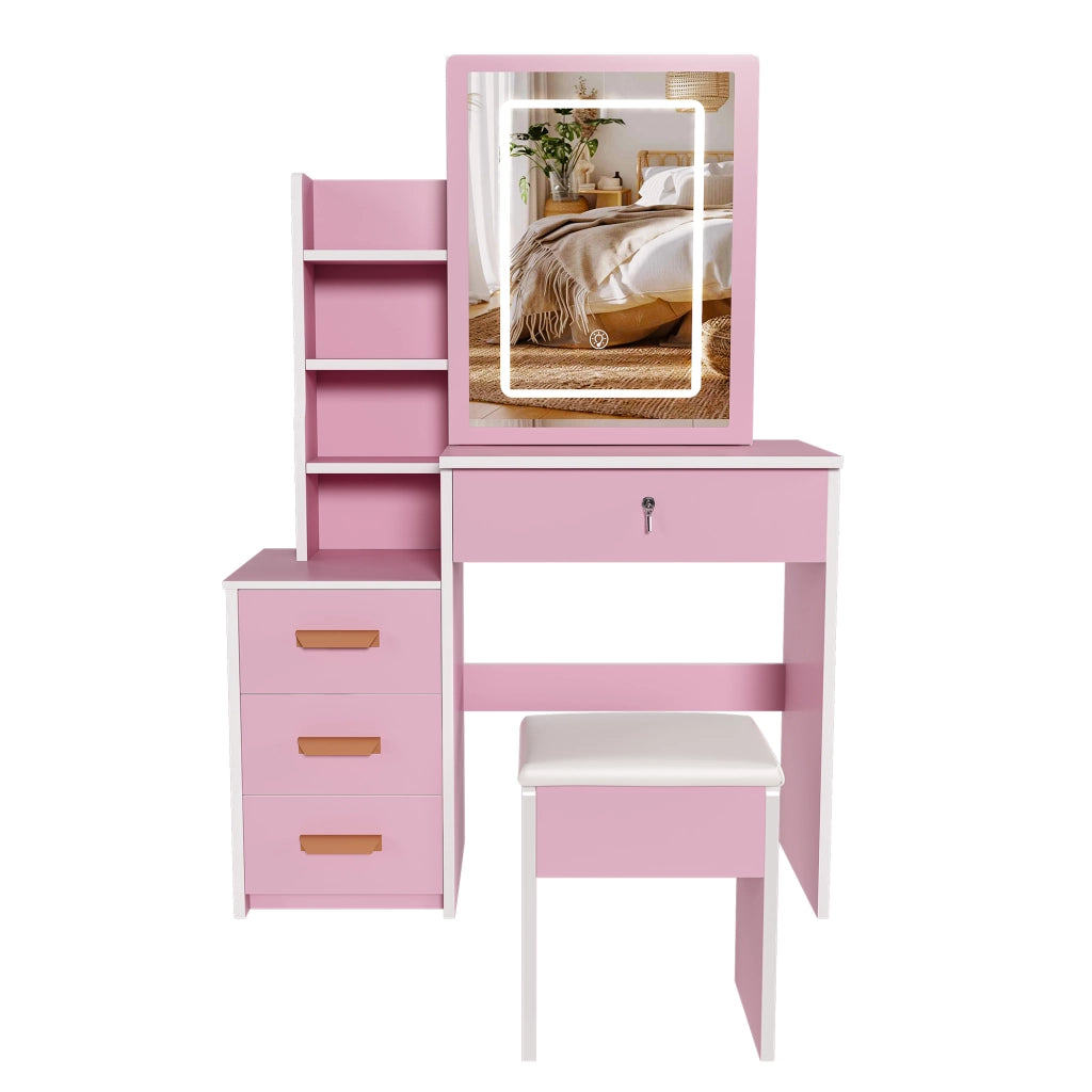 Toeletta con specchio e led; 4 cassetti e vani laterali con ante a specchio; per camera da letto; in mdf; rosa