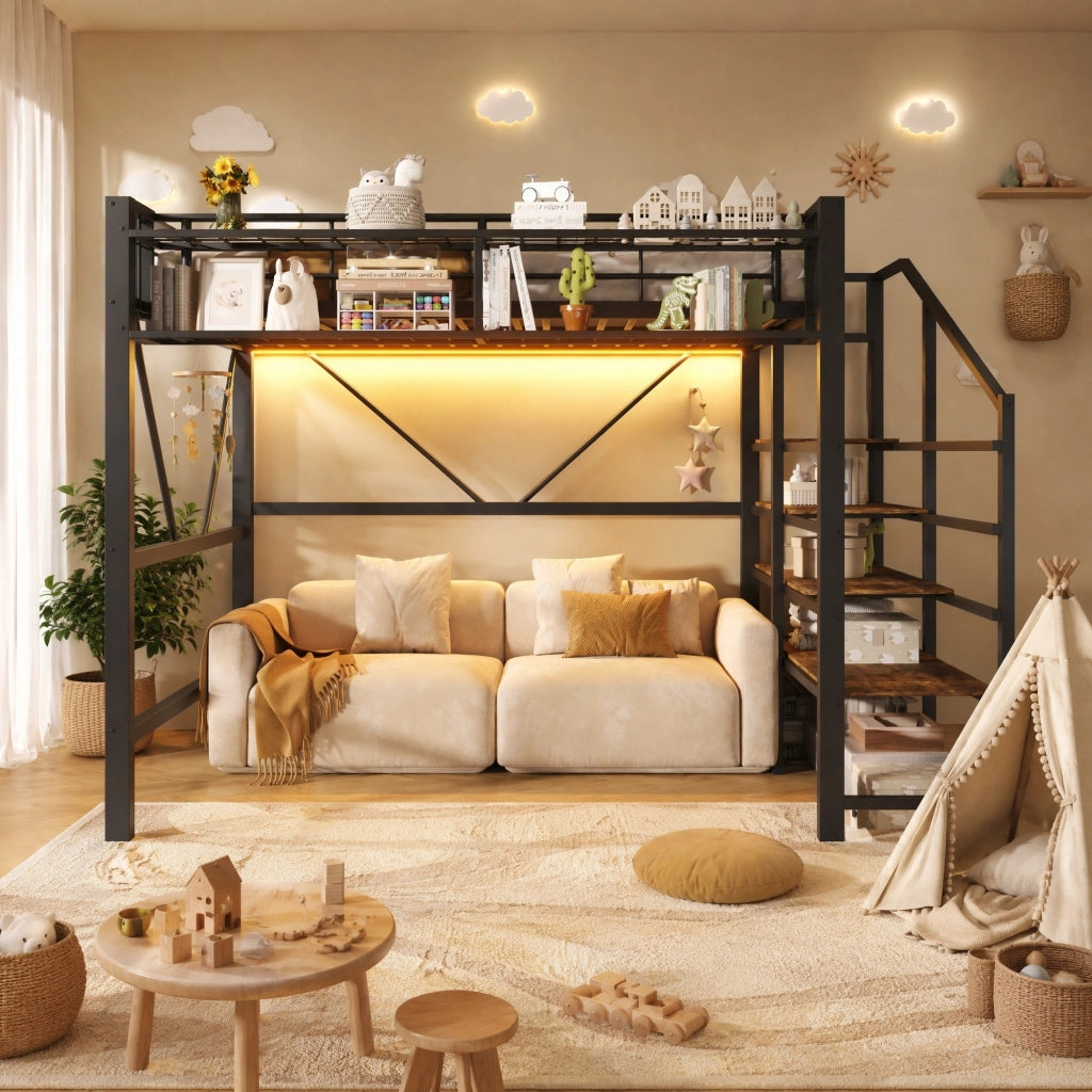 Letto a soppalco 140x200 cm con scaffale a gradini, vano aperto, cestello contenitore e LED, nero