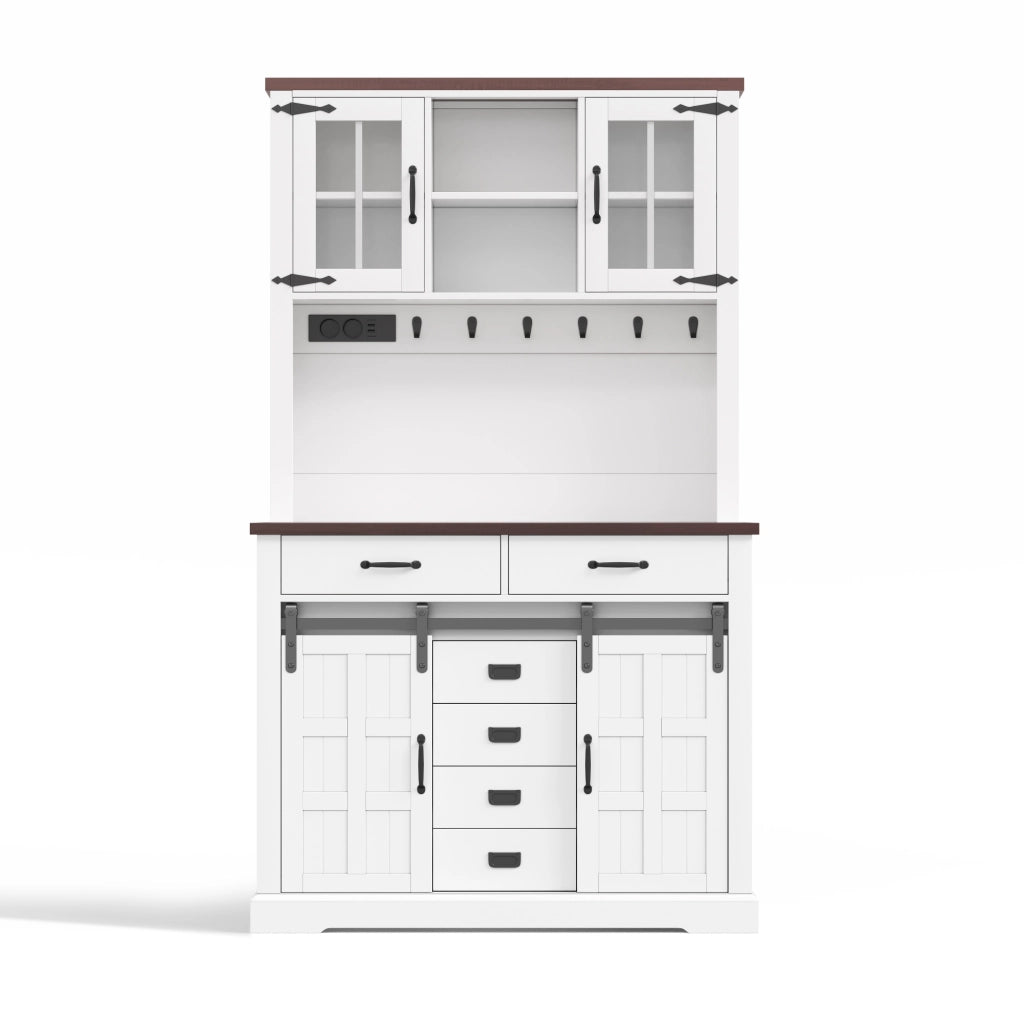 Credenza da cucina con LED; 6 cassetti; ante in vetro e prese; per cucina; bianco; 180 × 108 × 40 cm