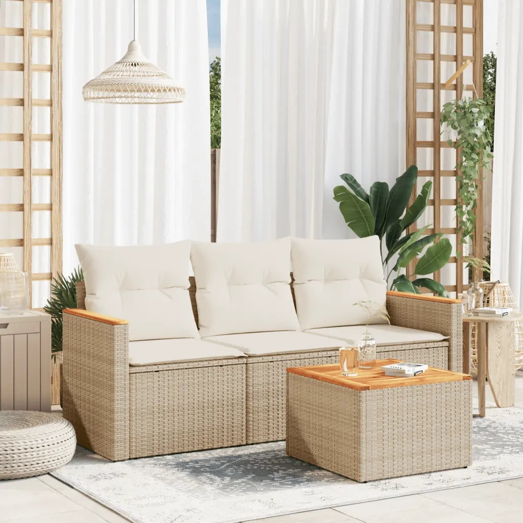 Set Divano da Giardino 4 pz con Cuscini Beige in Polyrattan