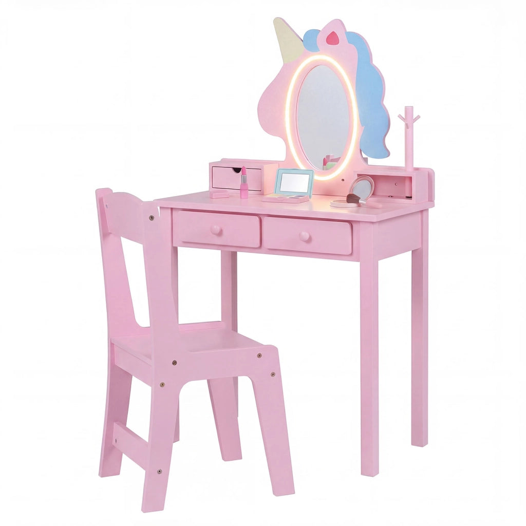 Toeletta trucco con tavolino sgabello e specchio rimovibile, Specchiera ad unicorno con luci per bambini 3-6 anni Rosa