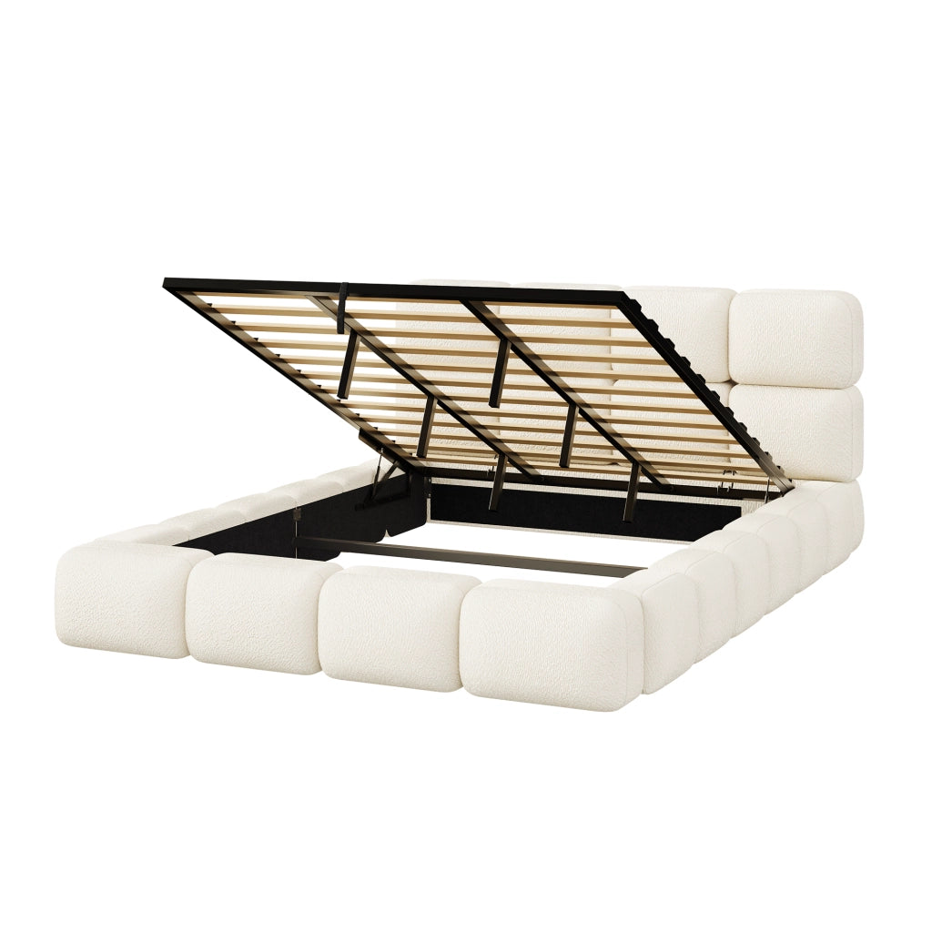 Letto Contenitore 180x200 cm; Letto Matrimoniale con Sollevamento Idraulico; Bouclé Bianco