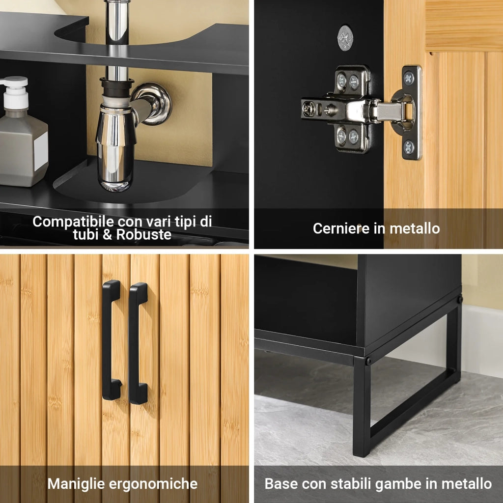 SoBuy Mobile Sottolavabo Bagno 60 cm Mobiletto Salvaspazio con Ante in Bambù e Piedini in Metallo Armadietto Moderno Sotto Lavabo per Bagno Piccolo BZR202-SCH