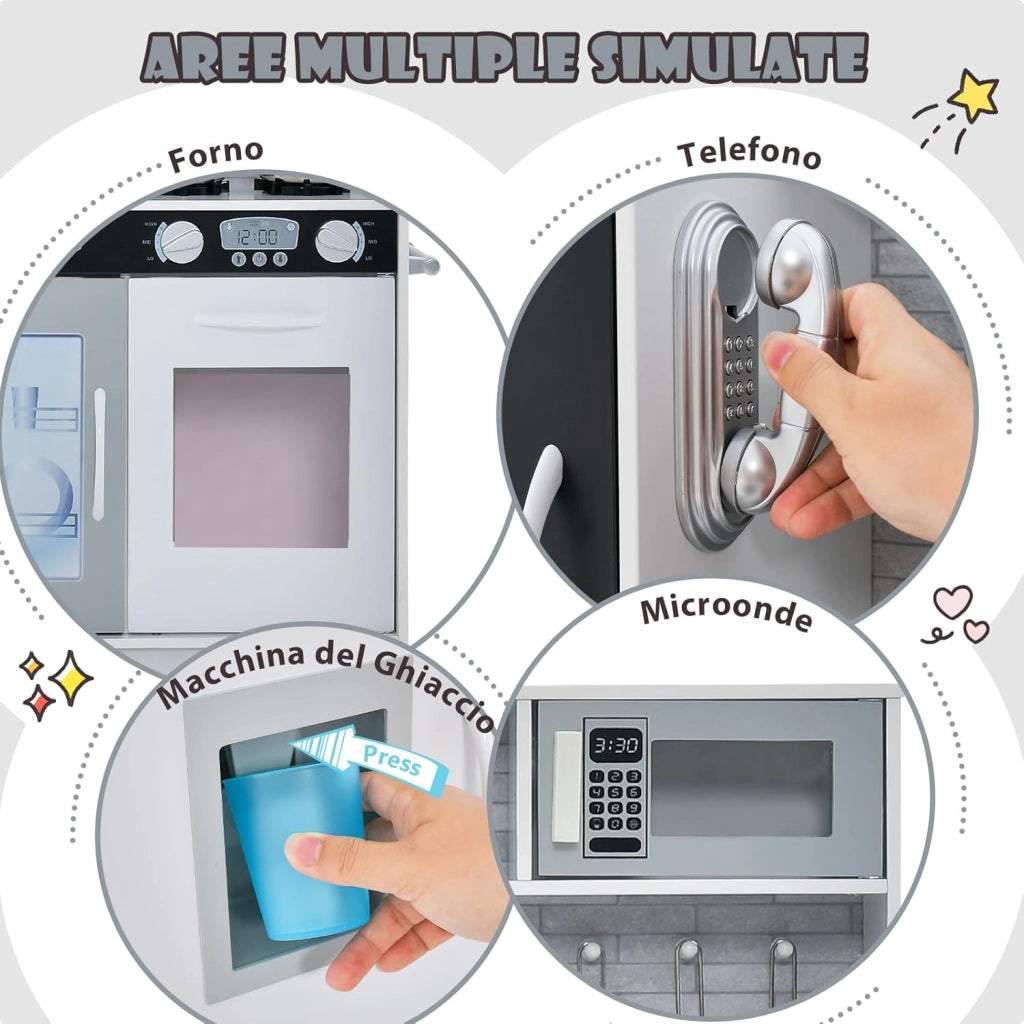 Cucina Giocattolo per Bambini, Cucina Legno per Bambini con Lavagna, Telefono, Microonde e Macchina per Ghiaccio, con Accessori e Suoni Realistici, per Bambini 3-6 Anni (Bianco)