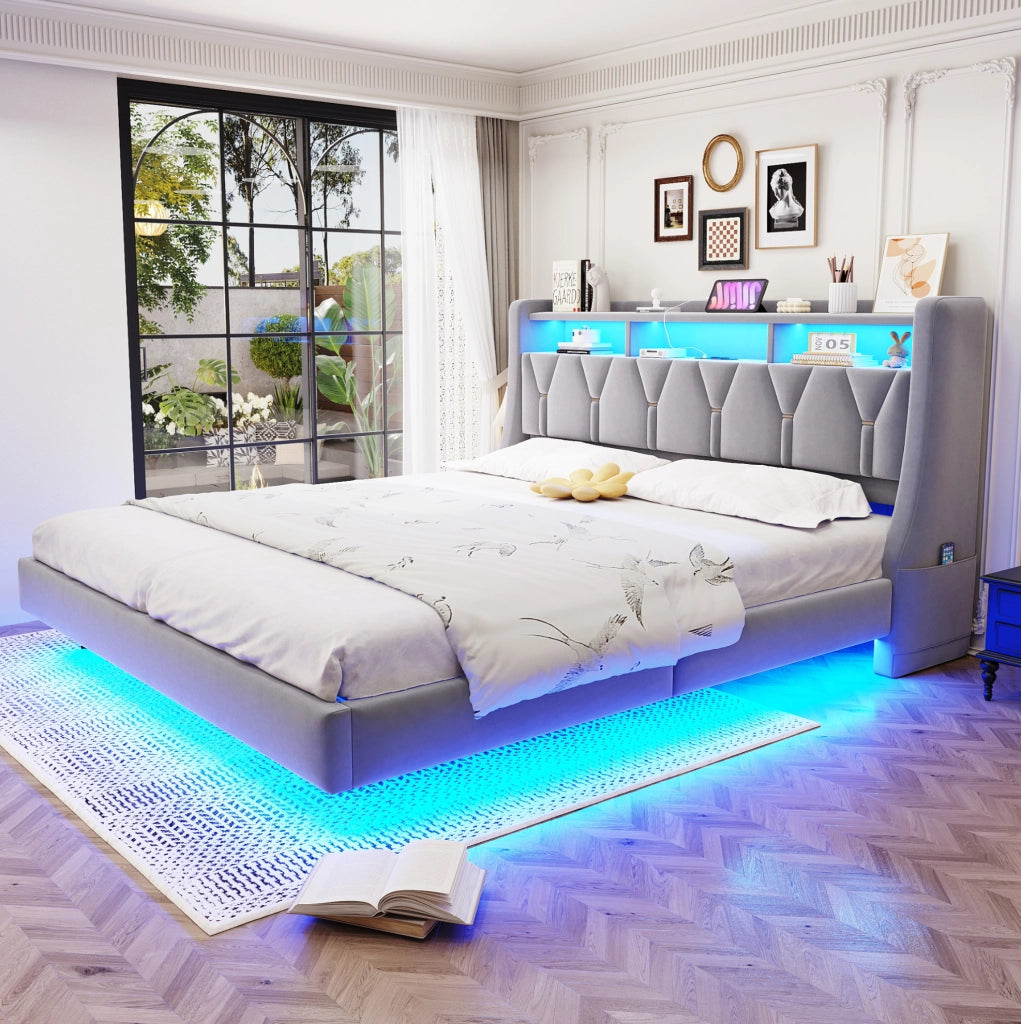 Letto matrimoniale imbottito 180x200 cm con testiera ribaltabile; USB e LED; velluto grigio chiaro