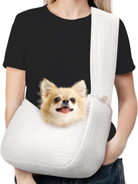 Manubrio da passeggio per cani e gatti con cintura di sicurezza ampia, piccola tasca portatile per cani e gatti per passeggiate e attività all'aperto (fino a 4,5 kg, bianco)