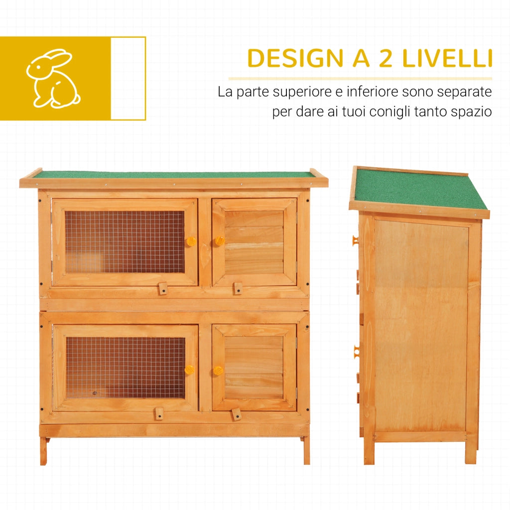 EasyComfort Gabbia a Due Piani per Conigli, Conigliera da Esterno in Legno di Abete, 90x45x90 cm, Legno e Verde
