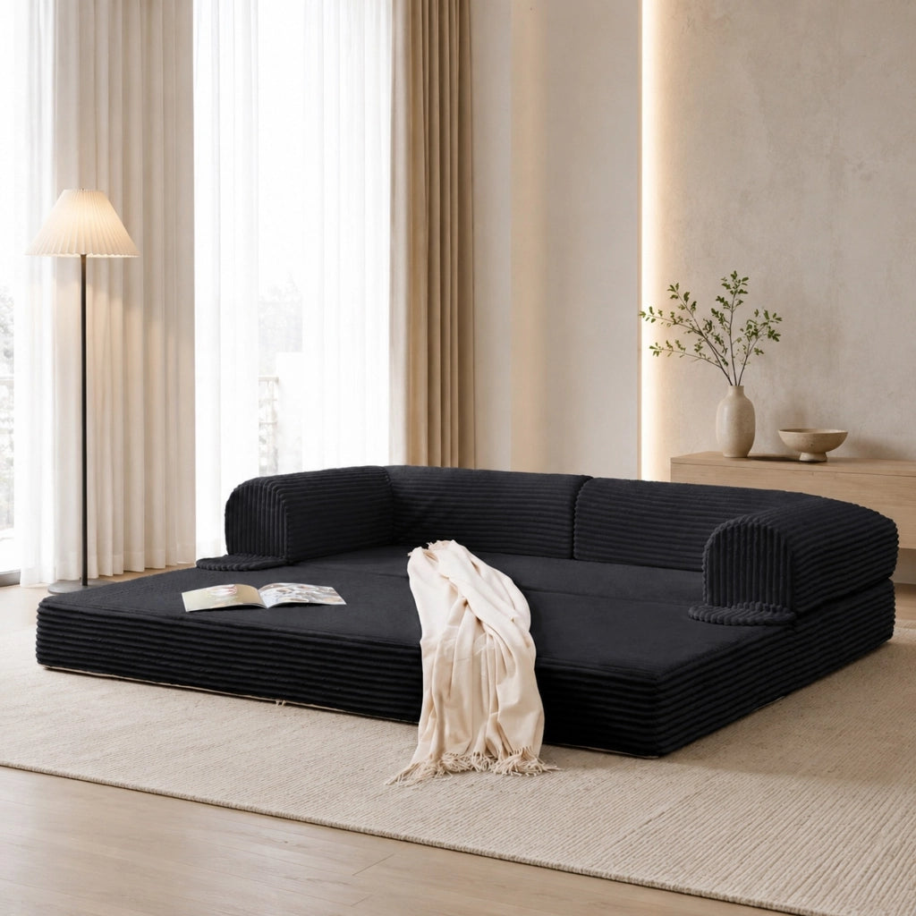 Divano letto 2 posti trasformabile in tessuto a coste nero; design salvaspazio