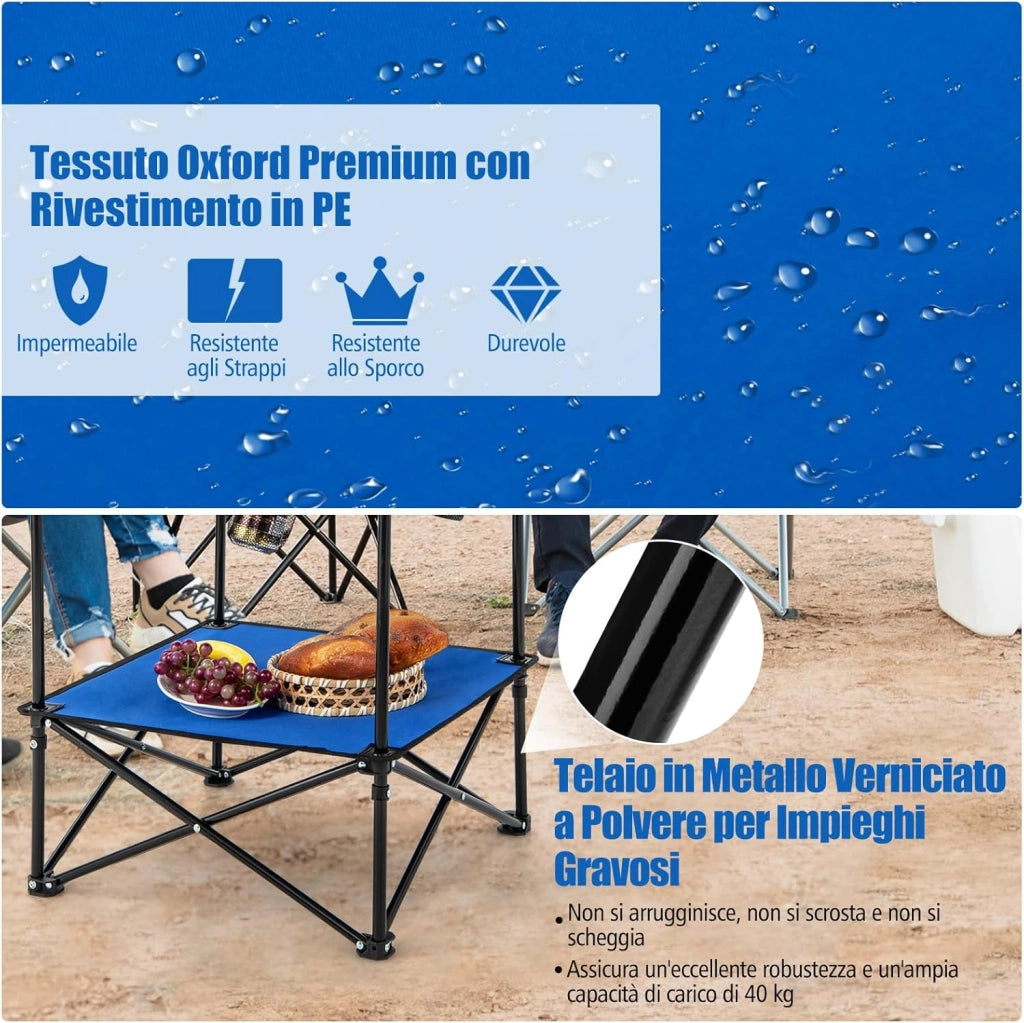 Tavolo da Campeggio Pieghevole, Tavolo da Picnic Portatile a 2 Ripiani, 4 Porta-Coppe, Tavolo Impermeabile per Spiaggia, Portata 40 kg