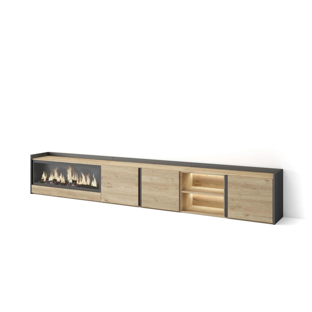 Mobile TV Soggiorno, 315x50x35 cm, Per TV fino a 80", Camino elettrico XXL, LED, Rovere e nero