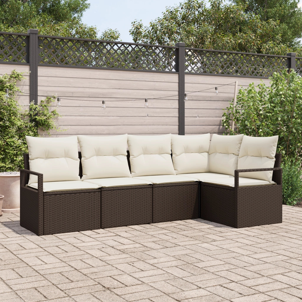 Set di Divani da Giardino  da 5 Pezzi con Cuscini Marrone in Polyrattan