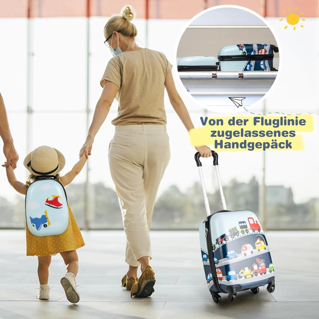 Set di Valigia 16’’ + Zaino 12’’ per Bambini 2 Pezzi, Bagagli 2-in-1 con Zainetto da Viaggio Aereo, Trolley con Maniglia Telescopica e 4 Ruote a 360° (Blu Traffico)