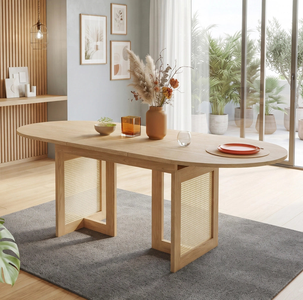 Tavolo da pranzo allungabile 200x90x75 cm con angoli arrotondati; gambe in rattan; MDF; naturale