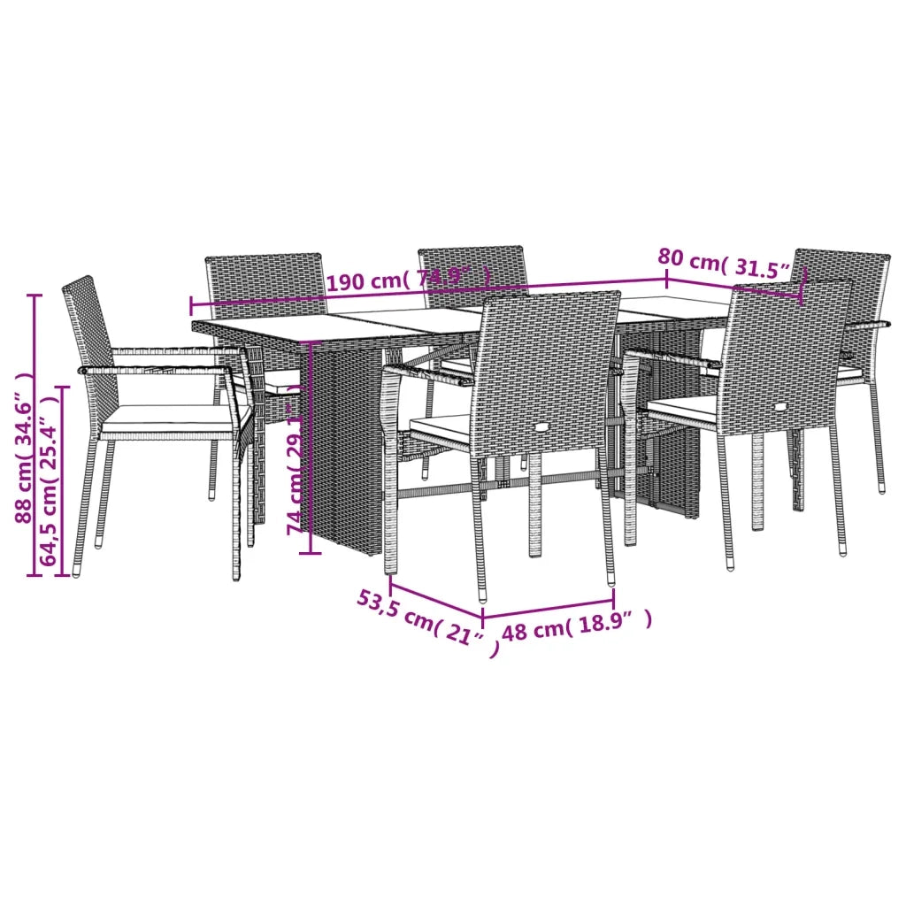 Set da Pranzo da Giardino 7 pz Nero con Cuscini in Polyrattan