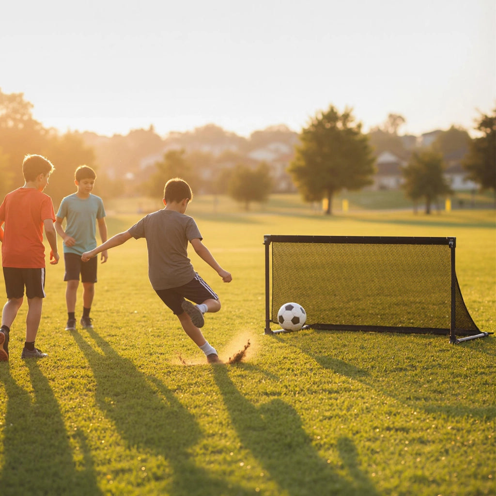 Porta da calcio per bambini in metallo con rete pieghevole, Porta calcio leggera per cortile spiaggia e giardino 6+ anni 100 x 50 x 47 cm